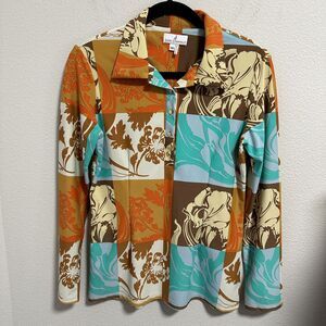 Jude Connally Blouse Women Shirt Top Long Sleeve Orange Blue Retro 70s Sz Medium